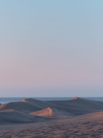 Dunes de sable vallonnées au crépuscule avec l'océan et un ciel aux tons pastel en arrière-plan