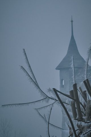Branches couvertes de givre au premier plan avec la silhouette d'une tour de château dans un épais brouillard hivernal.