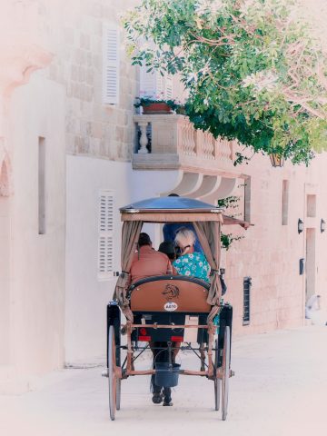 Une calèche touristique traditionnelle brune se promène dans une ruelle à Malte.