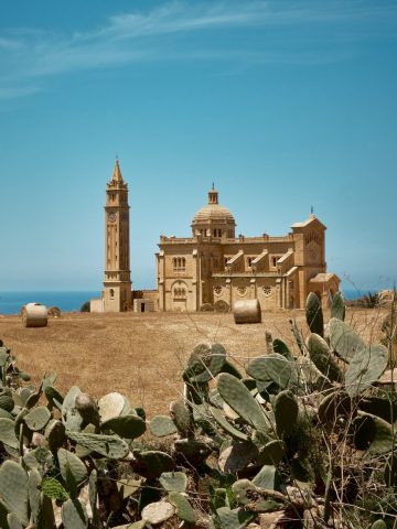 Vue de la basilique Ta' Pinu à Gozo entourée de champs dorés avec des ballots de paille et des cactus au premier plan.